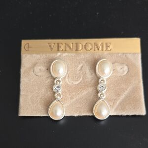 Vendome Vintage Pearl and Silver Tone Drop Earrings New Old Stock Original Tag